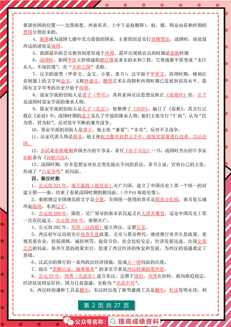 初中历史(1-6册) 高频考点 答题模板（7年级-9年级）