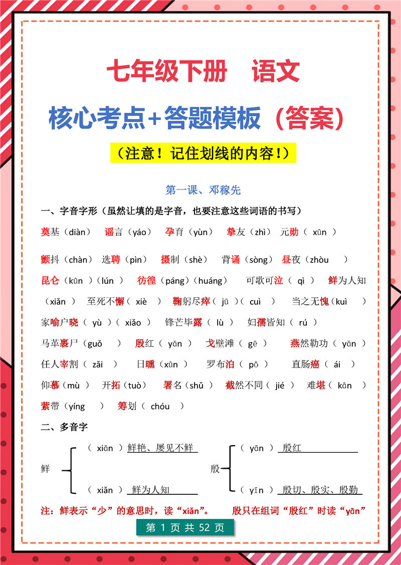 七年级下册 语文核心考点 文学常识 答题模板